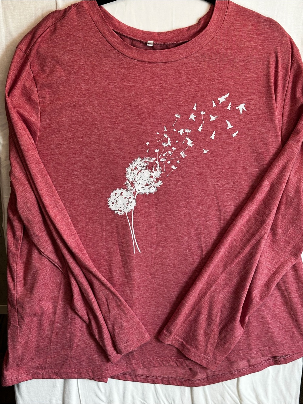 SHEIN Curve Heather Red Dandelion Birds Graphic Long Sleeve Tee 5XL